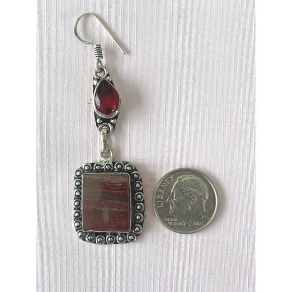 925 Silver Red Rainbow Jasper & Red Coral Dangle Earrings - Picture 3 of 5